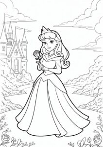 Princess Coloring Page Of Aurora Holding Rose Outside Castle 7
