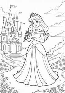 Princess Coloring Page Of Aurora Holding Rose Outside Castle 8