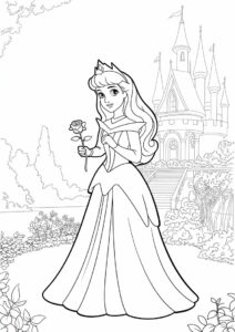Princess Coloring Page Of Aurora Holding Rose Outside Castle 9