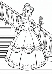 Princess Coloring Page Of Belle Holding Rose On Staircase 1