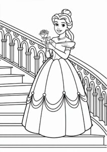 Princess Coloring Page Of Belle Holding Rose On Staircase 2