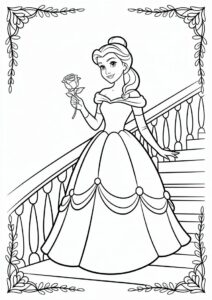 Princess Coloring Page Of Belle Holding Rose On Staircase 3