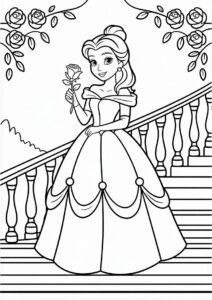 Princess Coloring Page Of Belle Holding Rose On Staircase 4