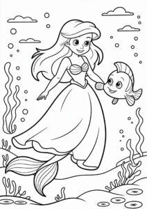 Princess Coloring Page Of Human Princess Ariel With Flounders 6