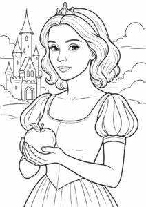 Princess Coloring Page Of Realistic Snow White Holding Apple 4