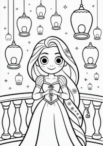 Princess Coloring Page Of Tangled Princess Rapunzel With Lanterns In Background 1