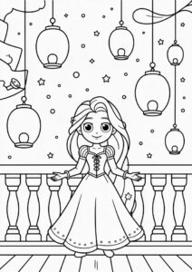 Princess Coloring Page Of Tangled Princess Rapunzel With Lanterns In Background 2