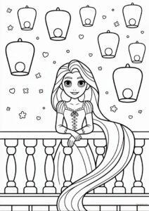 Princess Coloring Page Of Tangled Princess Rapunzel With Lanterns In Background 3