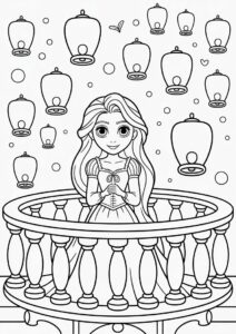 Princess Coloring Page Of Tangled Princess Rapunzel With Lanterns In Background 4