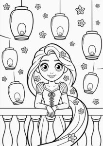 Princess Coloring Page Of Tangled Princess Rapunzel With Lanterns In Background 6