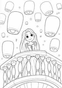 Princess Coloring Page Of Tangled Princess Rapunzel With Lanterns In Background 7