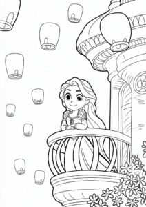 Princess Coloring Page Of Tangled Princess Rapunzel With Lanterns In Background 8