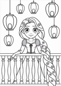 Princess Coloring Page Of Tangled Princess Rapunzel With Lanterns In Background 9