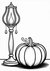Pumpkin Coloring Page Beside A Vintage Lamp 1