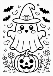 Pumpkin Coloring Page Kawaii Blanket Ghost With Witch Hat Flowers And Pumpkin 1