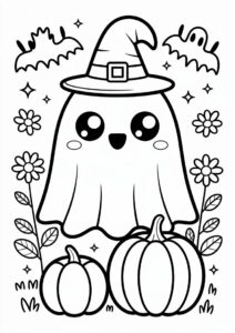 Pumpkin Coloring Page Kawaii Blanket Ghost With Witch Hat Flowers And Pumpkin 2