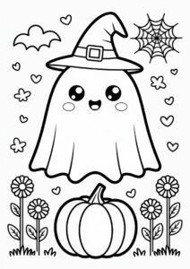 Pumpkin Coloring Page Kawaii Blanket Ghost With Witch Hat Flowers And Pumpkin 3