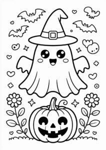 Pumpkin Coloring Page Kawaii Blanket Ghost With Witch Hat Flowers And Pumpkin 4