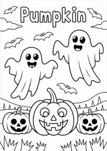 Pumpkin Coloring Page Of Blanket Ghosts Hovering Above Jack O Lanterns For Kids 1