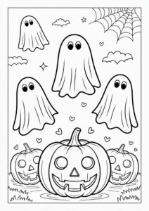 Pumpkin Coloring Page Of Blanket Ghosts Hovering Above Jack O Lanterns For Kids 2