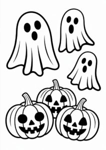Pumpkin Coloring Page Of Blanket Ghosts Hovering Above Jack O Lanterns For Kids 3