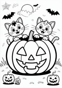 Pumpkin Coloring Page Of Cartoon Cats Beside A Large Jack Lantern 1