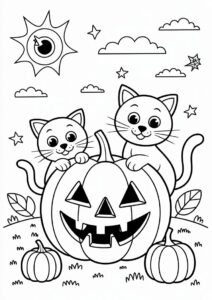 Pumpkin Coloring Page Of Cartoon Cats Beside A Large Jack Lantern 2