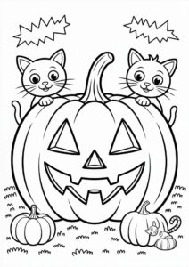 Pumpkin Coloring Page Of Cartoon Cats Beside A Large Jack Lantern 3