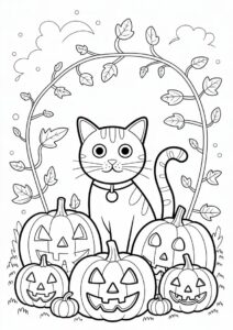 Pumpkin Coloring Page Of Cat Surrounded By Jack O Lanterns 1