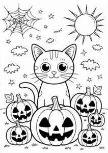 Pumpkin Coloring Page Of Cat Surrounded By Jack O Lanterns 2