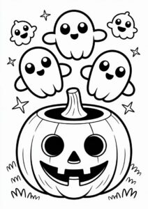Pumpkin Coloring Page Of Chibi Ghosts Coming Out Of A Smiling Jack O Lantern 3
