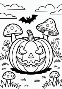 Pumpkin Coloring Page Of Creepy Jack O Lantern Surrounded By Mushrooms In The Garden 1