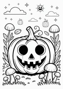 Pumpkin Coloring Page Of Creepy Jack O Lantern Surrounded By Mushrooms In The Garden 2