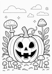 Pumpkin Coloring Page Of Creepy Jack O Lantern Surrounded By Mushrooms In The Garden 3
