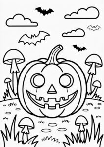 Pumpkin Coloring Page Of Creepy Jack O Lantern Surrounded By Mushrooms In The Garden 4