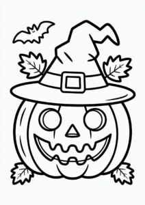 Pumpkin Coloring Page Of Detailed Jack O Lantern Wearing Witch Hat And Leaves 1