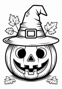 Pumpkin Coloring Page Of Detailed Jack O Lantern Wearing Witch Hat And Leaves 2