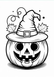 Pumpkin Coloring Page Of Detailed Jack O Lantern Wearing Witch Hat And Leaves 3