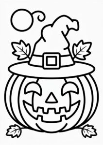Pumpkin Coloring Page Of Detailed Jack O Lantern Wearing Witch Hat And Leaves 4