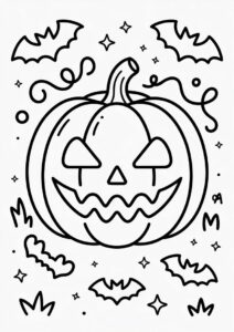 Pumpkin Coloring Page Of Spooky Jack O Lantern With Vines And Bats 1