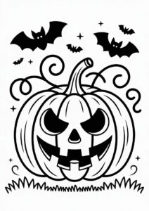 Pumpkin Coloring Page Of Spooky Jack O Lantern With Vines And Bats 3