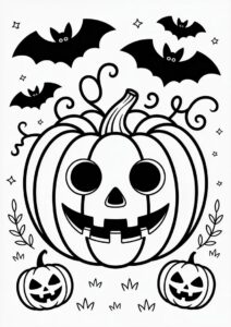 Pumpkin Coloring Page Of Spooky Jack O Lantern With Vines And Bats 4