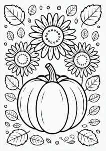 Pumpkin Coloring Page Of Sunflowers And Leaves 1