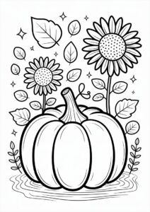 Pumpkin Coloring Page Of Sunflowers And Leaves 2