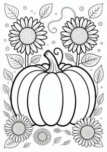 Pumpkin Coloring Page Of Sunflowers And Leaves 3