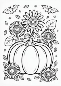 Pumpkin Coloring Page Of Sunflowers And Leaves 4