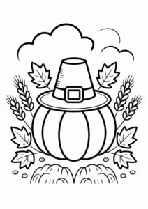 Pumpkin Coloring Page With Pilgrims Hat Fall Leaves And Wheat 1