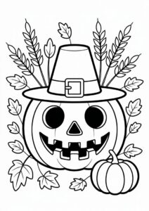 Pumpkin Coloring Page With Pilgrims Hat Fall Leaves And Wheat 2