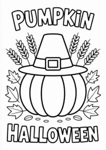 Pumpkin Coloring Page With Pilgrims Hat Fall Leaves And Wheat 3