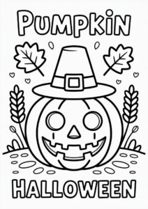 Pumpkin Coloring Page With Pilgrims Hat Fall Leaves And Wheat 4